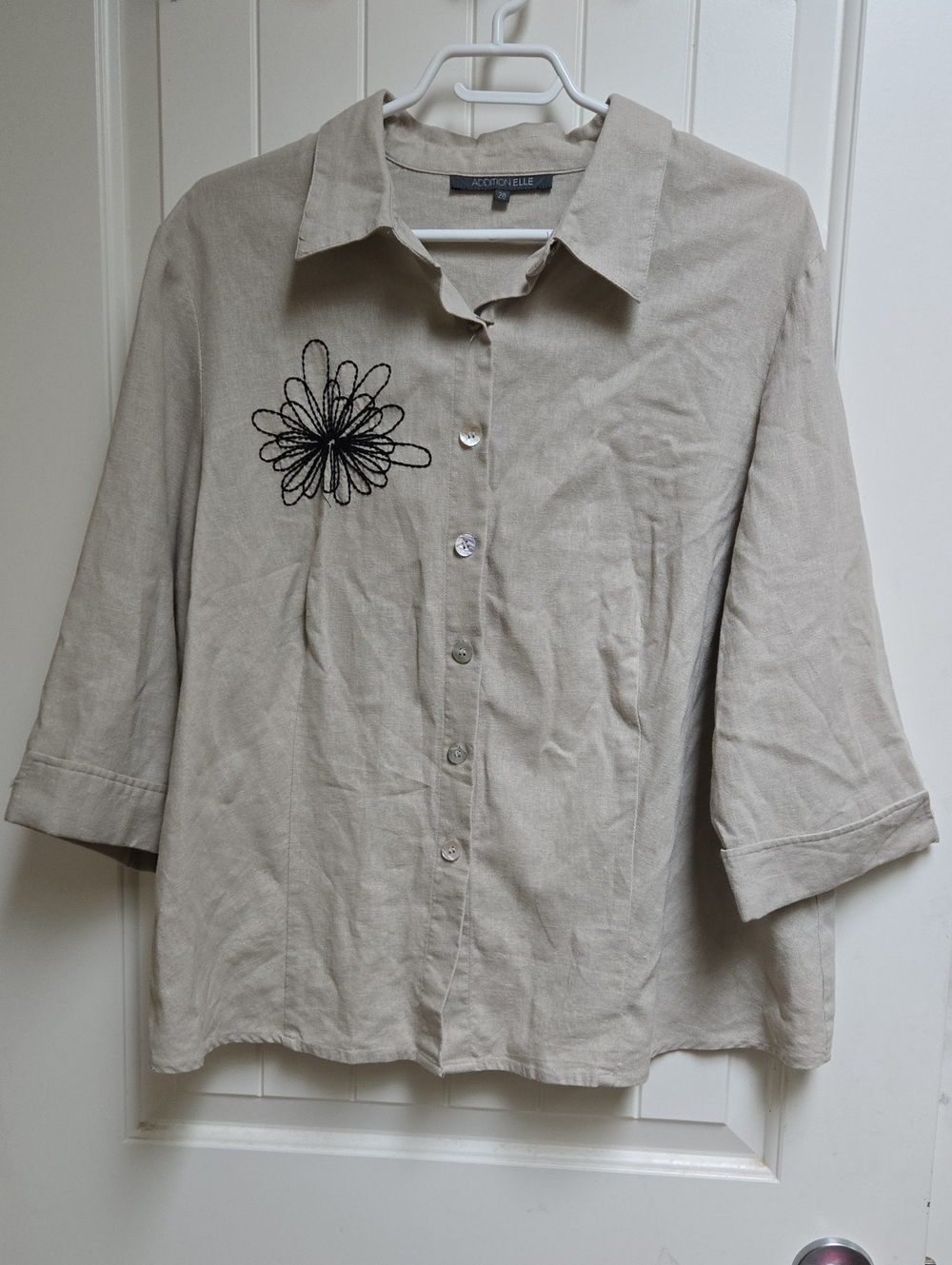 Addition Elle Women's Linen Beige Button-Down Shirt with Black Floral Stitching